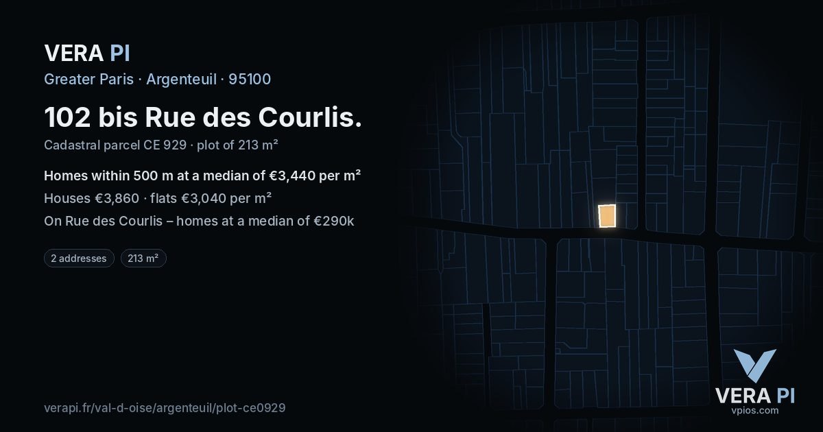 102 bis Rue des Courlis, Argenteuil at night – the plot lit, the parcels around coloured by the prices near them
