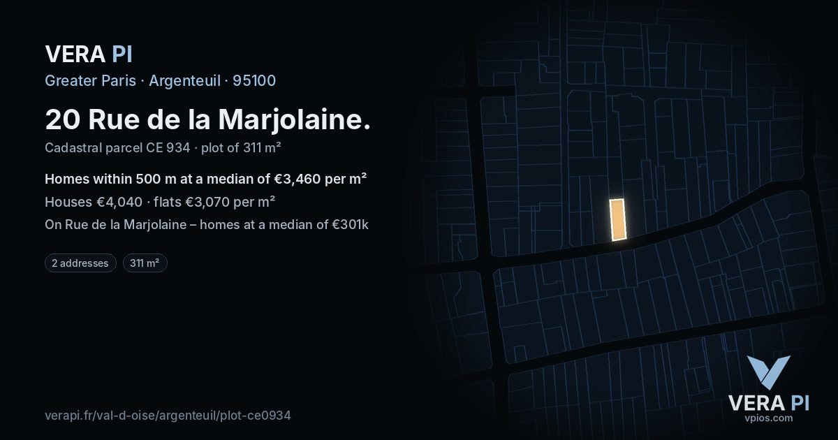 20 Rue de la Marjolaine, Argenteuil at night – the plot lit, the parcels around coloured by the prices near them