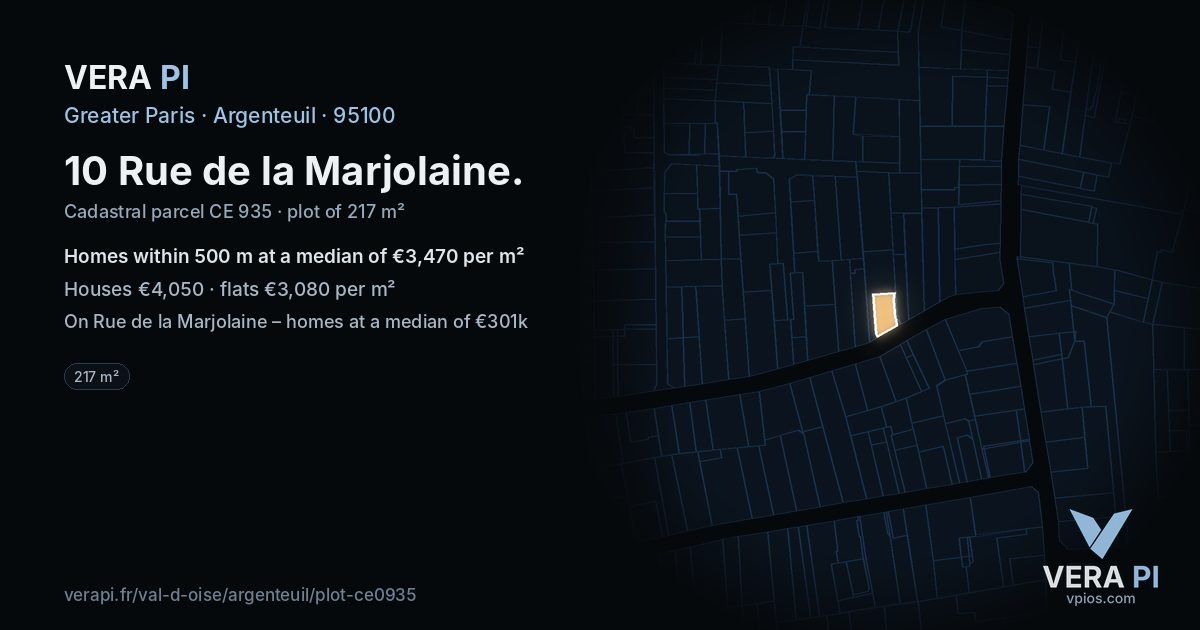 10 Rue de la Marjolaine, Argenteuil at night – the plot lit, the parcels around coloured by the prices near them