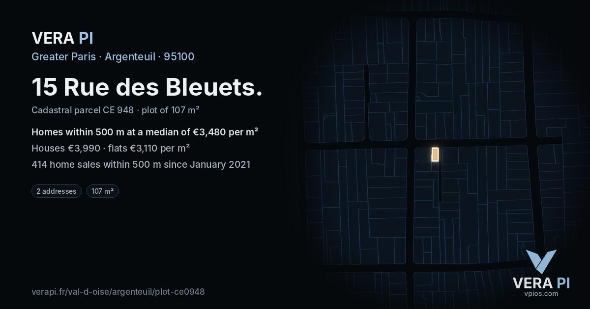 15 Rue des Bleuets, Argenteuil at night – the plot lit, the parcels around coloured by the prices near them