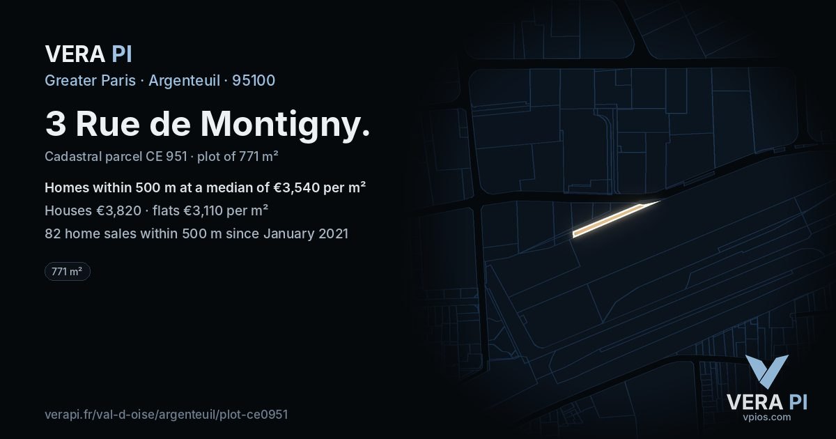 3 Rue de Montigny, Argenteuil at night – the plot lit, the parcels around coloured by the prices near them