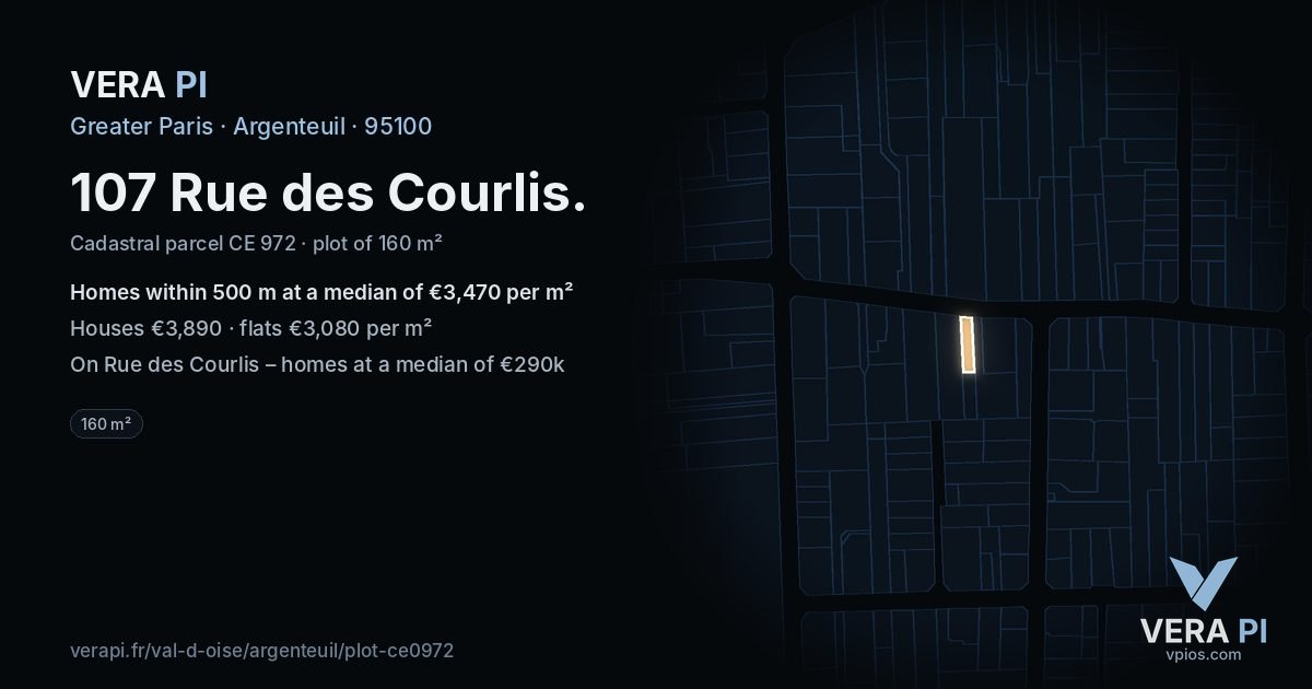 107 Rue des Courlis, Argenteuil at night – the plot lit, the parcels around coloured by the prices near them