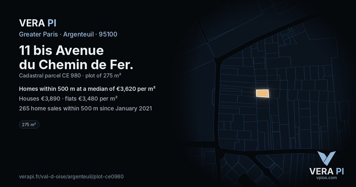 11 bis Avenue du Chemin de Fer, Argenteuil at night – the plot lit, the parcels around coloured by the prices near them