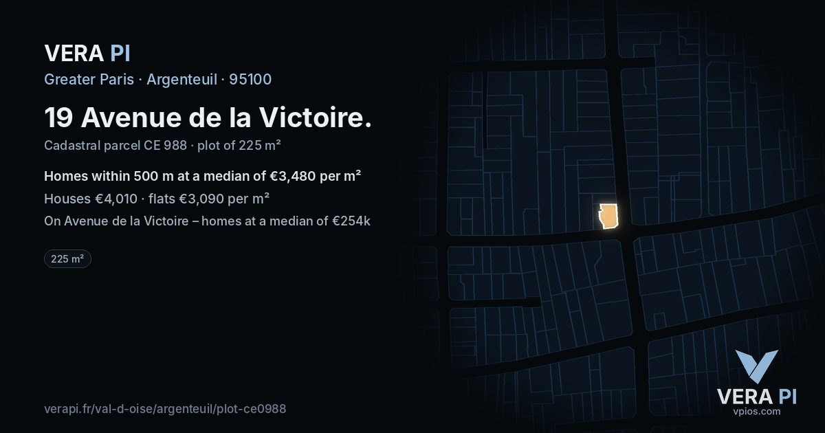 19 Avenue de la Victoire, Argenteuil at night – the plot lit, the parcels around coloured by the prices near them