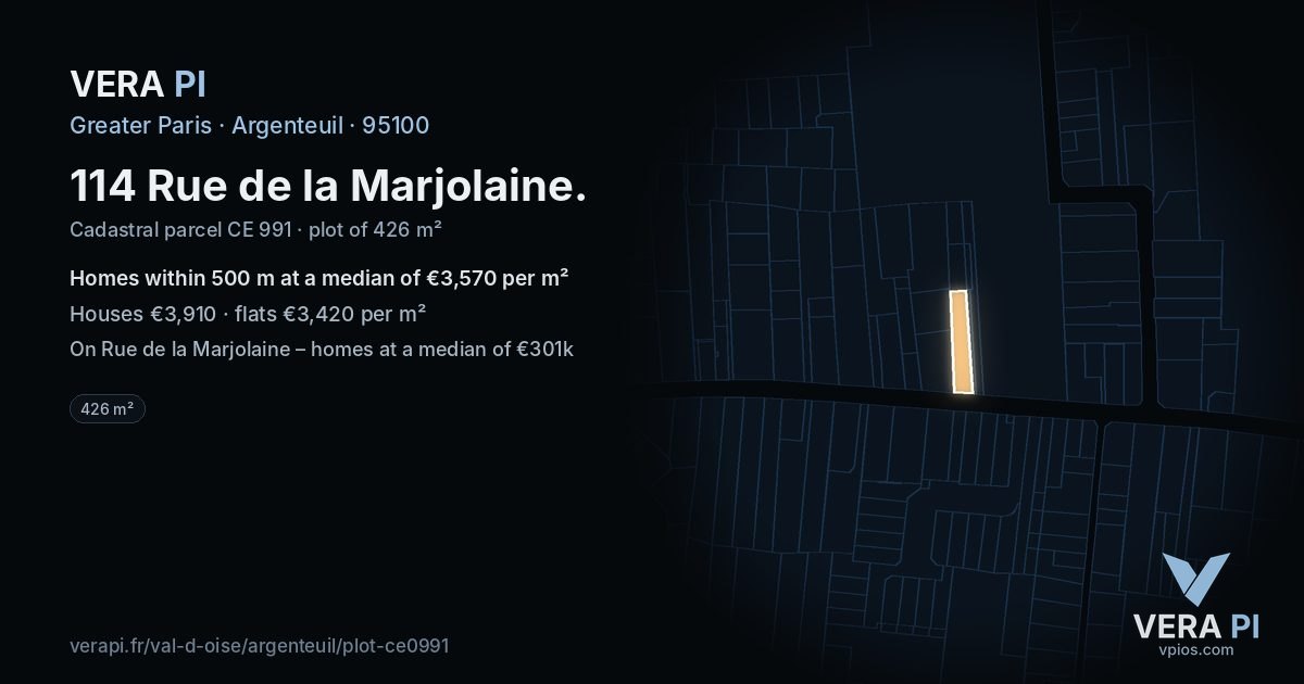 114 Rue de la Marjolaine, Argenteuil at night – the plot lit, the parcels around coloured by the prices near them