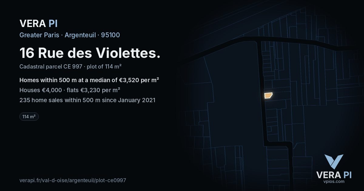 16 Rue des Violettes, Argenteuil at night – the plot lit, the parcels around coloured by the prices near them