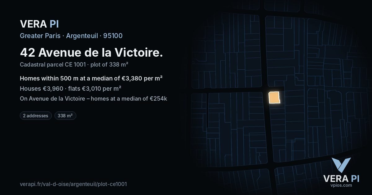 42 Avenue de la Victoire, Argenteuil at night – the plot lit, the parcels around coloured by the prices near them
