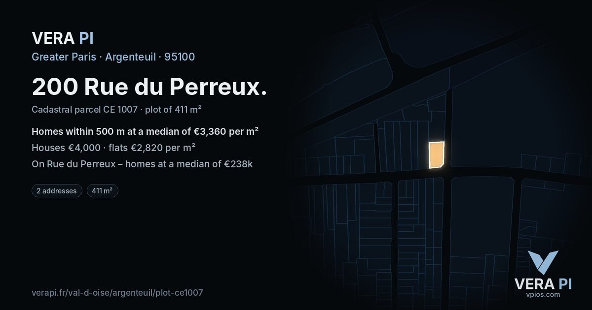 200 Rue du Perreux, Argenteuil at night – the plot lit, the parcels around coloured by the prices near them