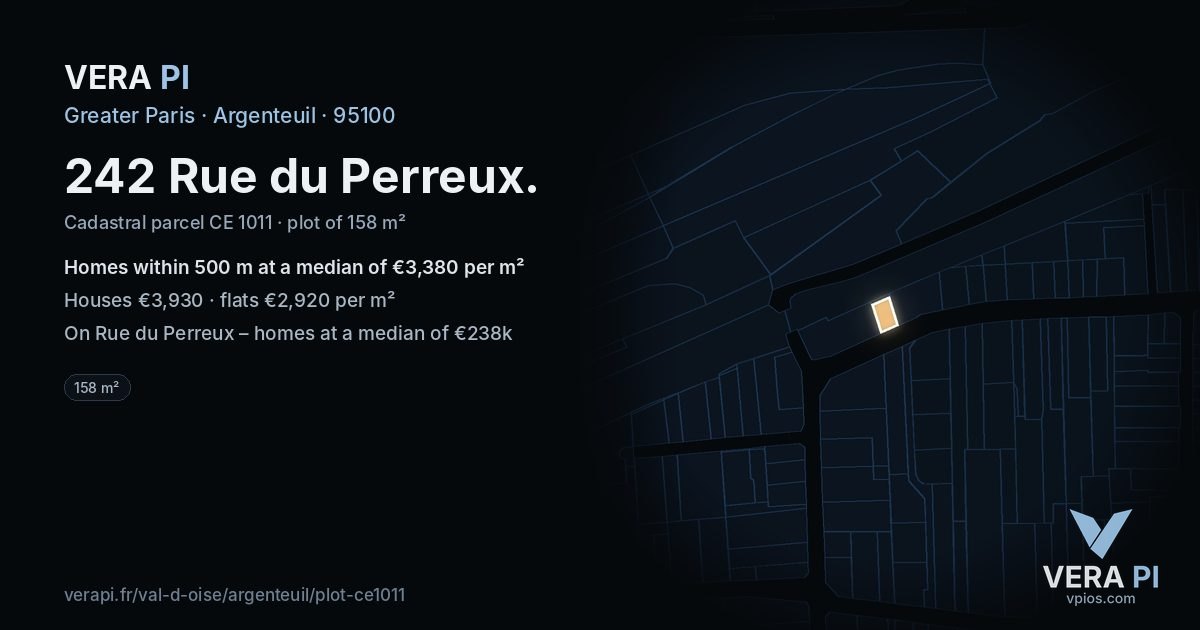 242 Rue du Perreux, Argenteuil at night – the plot lit, the parcels around coloured by the prices near them
