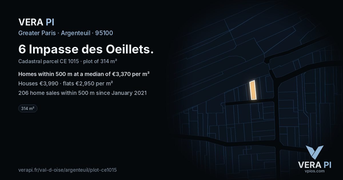 6 Impasse des Oeillets, Argenteuil at night – the plot lit, the parcels around coloured by the prices near them