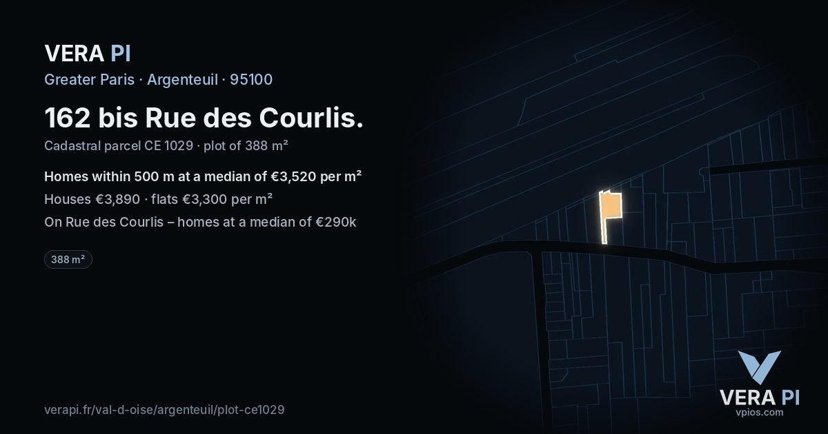 162 bis Rue des Courlis, Argenteuil at night – the plot lit, the parcels around coloured by the prices near them