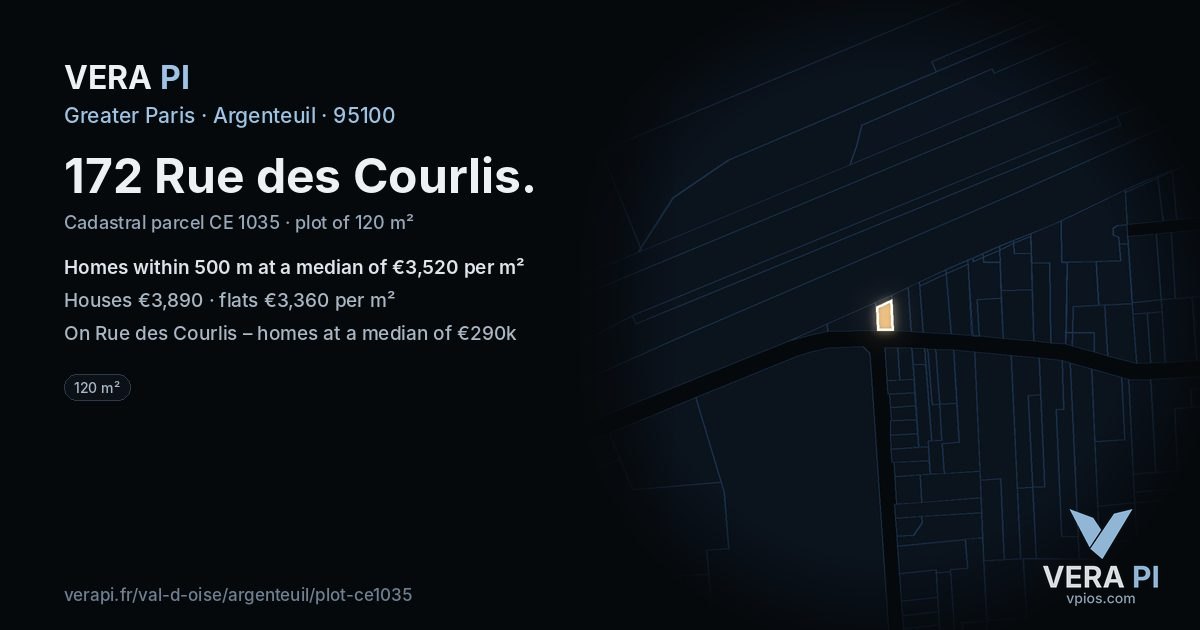 172 Rue des Courlis, Argenteuil at night – the plot lit, the parcels around coloured by the prices near them