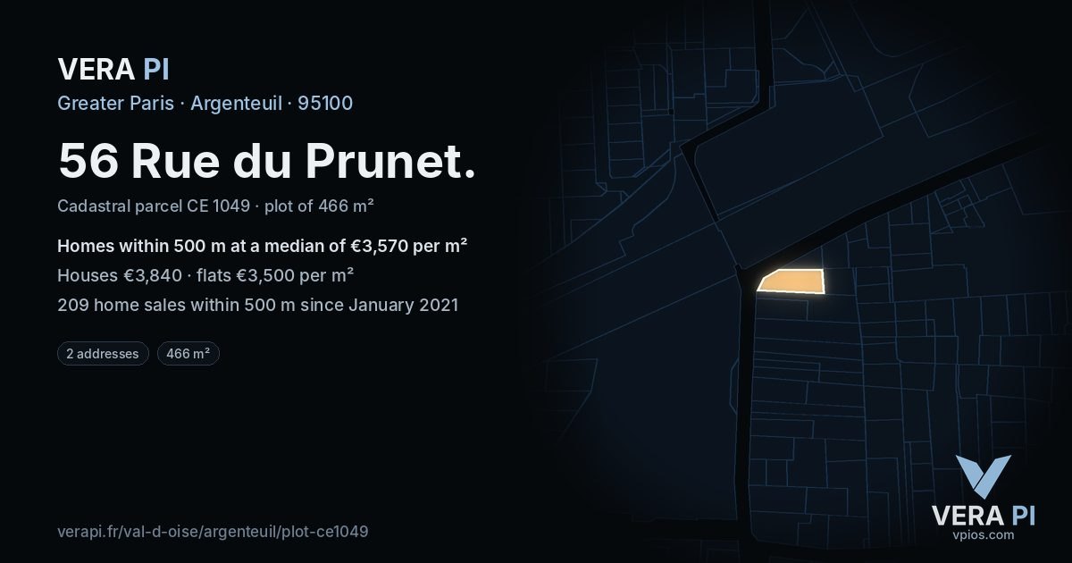 56 Rue du Prunet, Argenteuil at night – the plot lit, the parcels around coloured by the prices near them