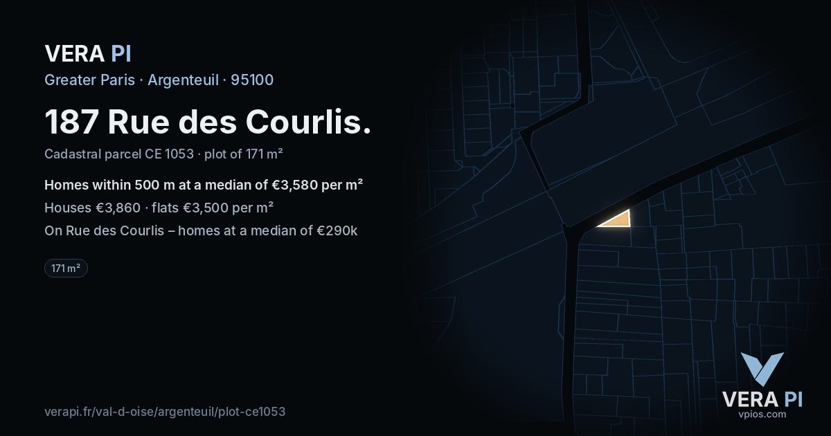 187 Rue des Courlis, Argenteuil at night – the plot lit, the parcels around coloured by the prices near them