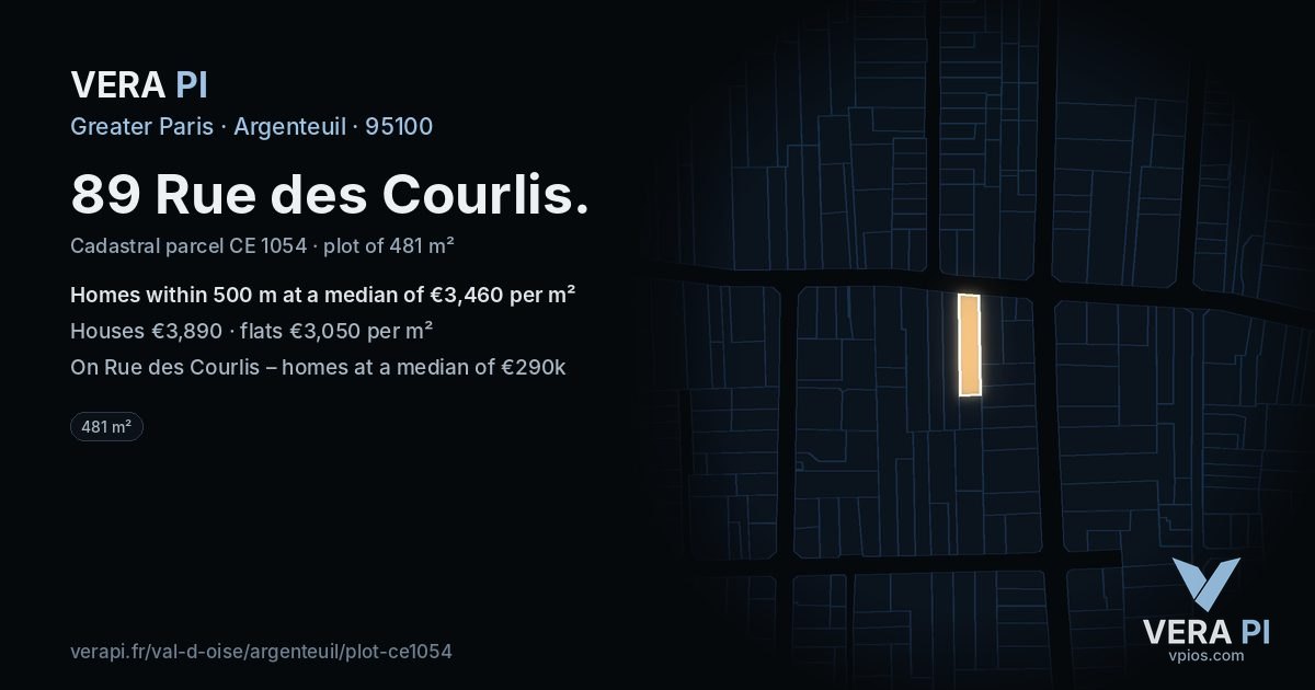 89 Rue des Courlis, Argenteuil at night – the plot lit, the parcels around coloured by the prices near them
