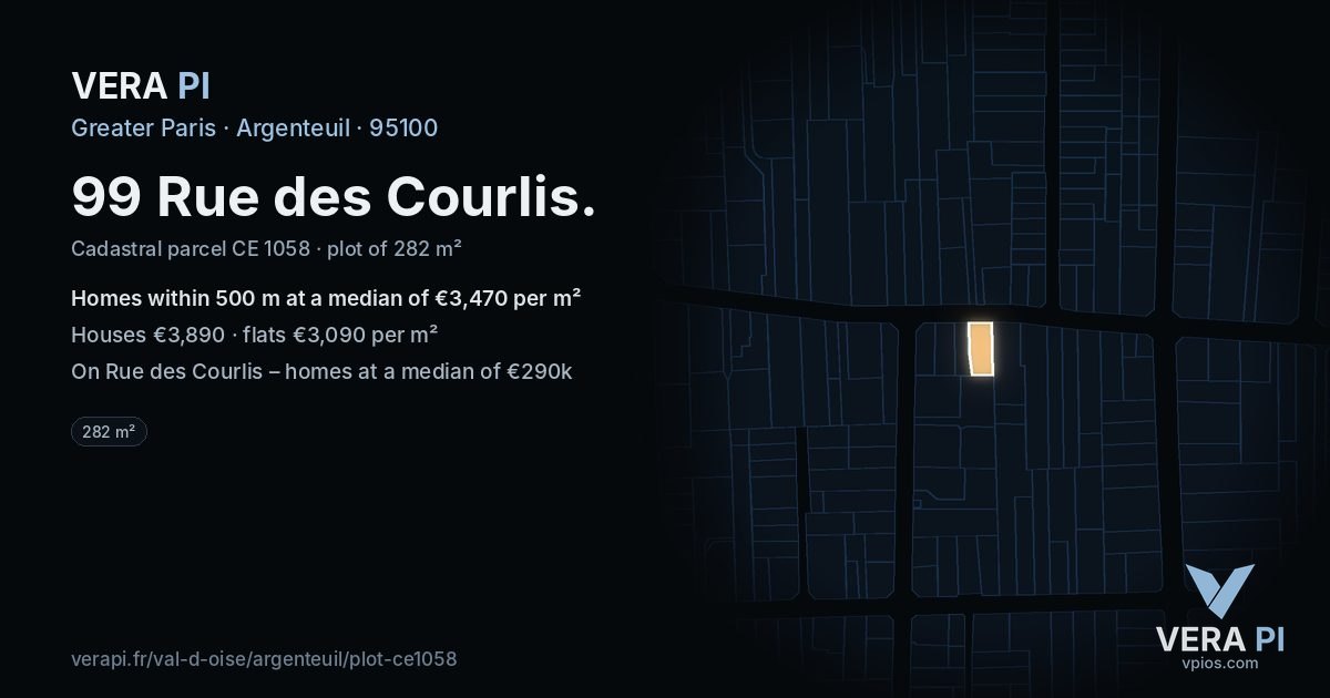 99 Rue des Courlis, Argenteuil at night – the plot lit, the parcels around coloured by the prices near them