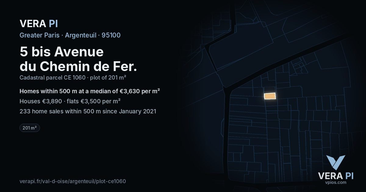 5 bis Avenue du Chemin de Fer, Argenteuil at night – the plot lit, the parcels around coloured by the prices near them