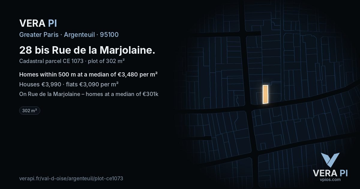 28 bis Rue de la Marjolaine, Argenteuil at night – the plot lit, the parcels around coloured by the prices near them