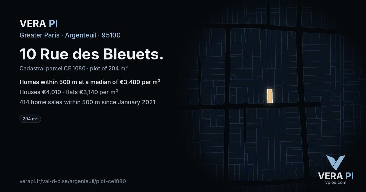 10 Rue des Bleuets, Argenteuil at night – the plot lit, the parcels around coloured by the prices near them