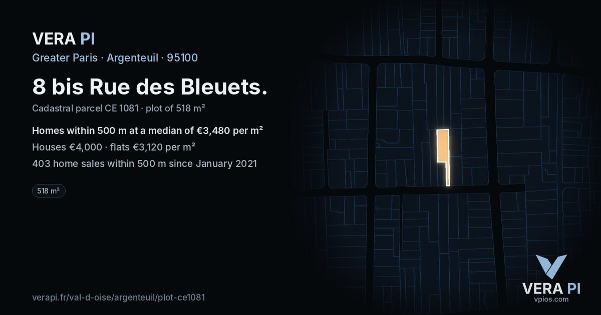 8 bis Rue des Bleuets, Argenteuil at night – the plot lit, the parcels around coloured by the prices near them