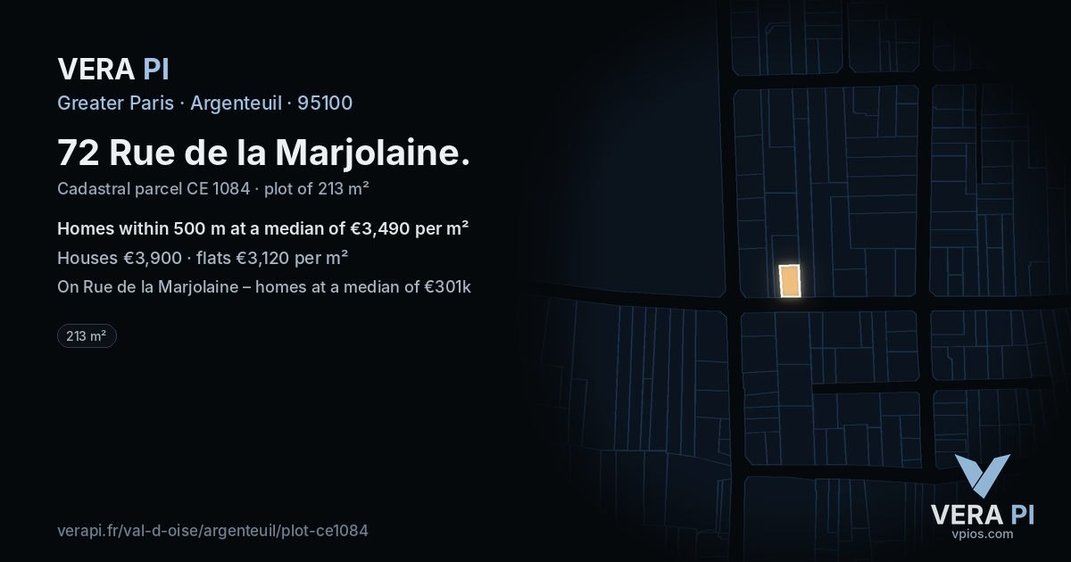 72 Rue de la Marjolaine, Argenteuil at night – the plot lit, the parcels around coloured by the prices near them
