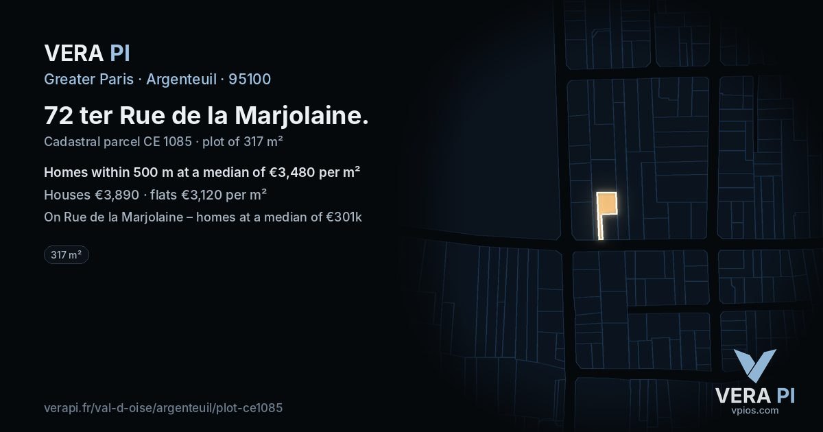 72 ter Rue de la Marjolaine, Argenteuil at night – the plot lit, the parcels around coloured by the prices near them