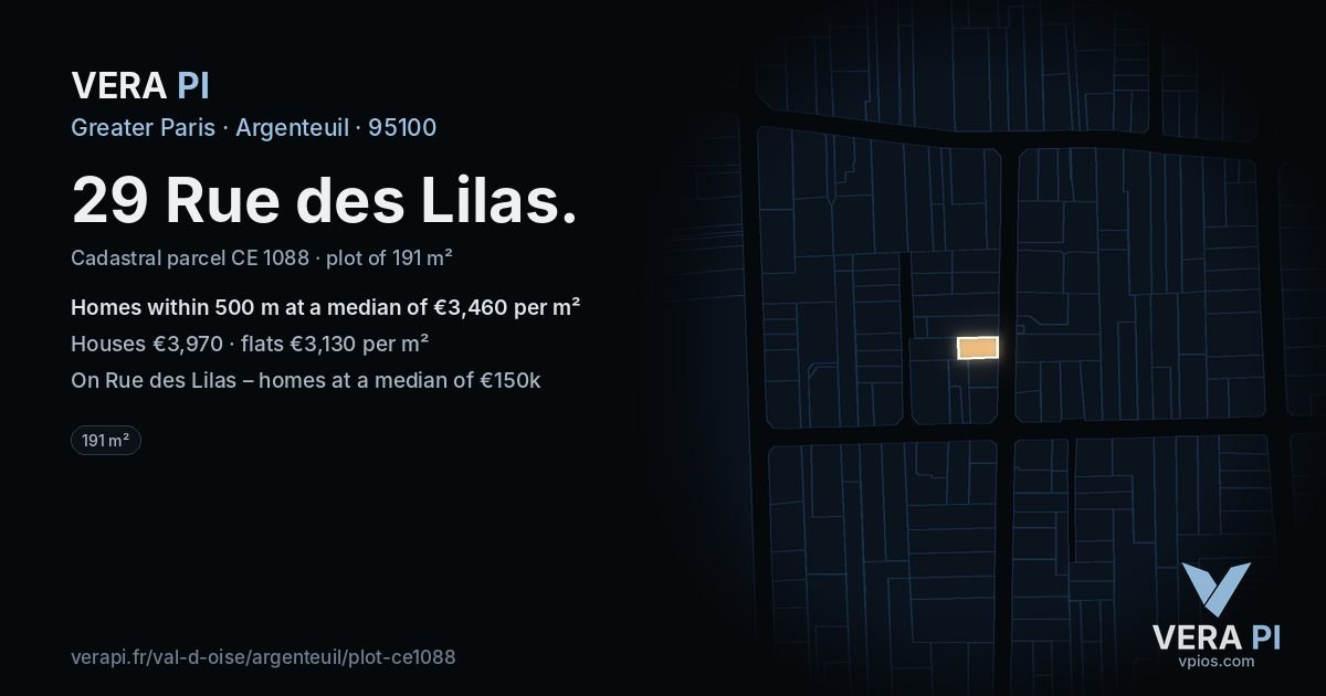 29 Rue des Lilas, Argenteuil at night – the plot lit, the parcels around coloured by the prices near them