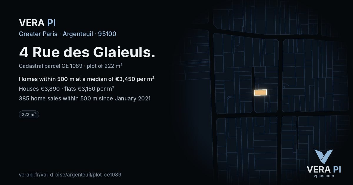 4 Rue des Glaieuls, Argenteuil at night – the plot lit, the parcels around coloured by the prices near them