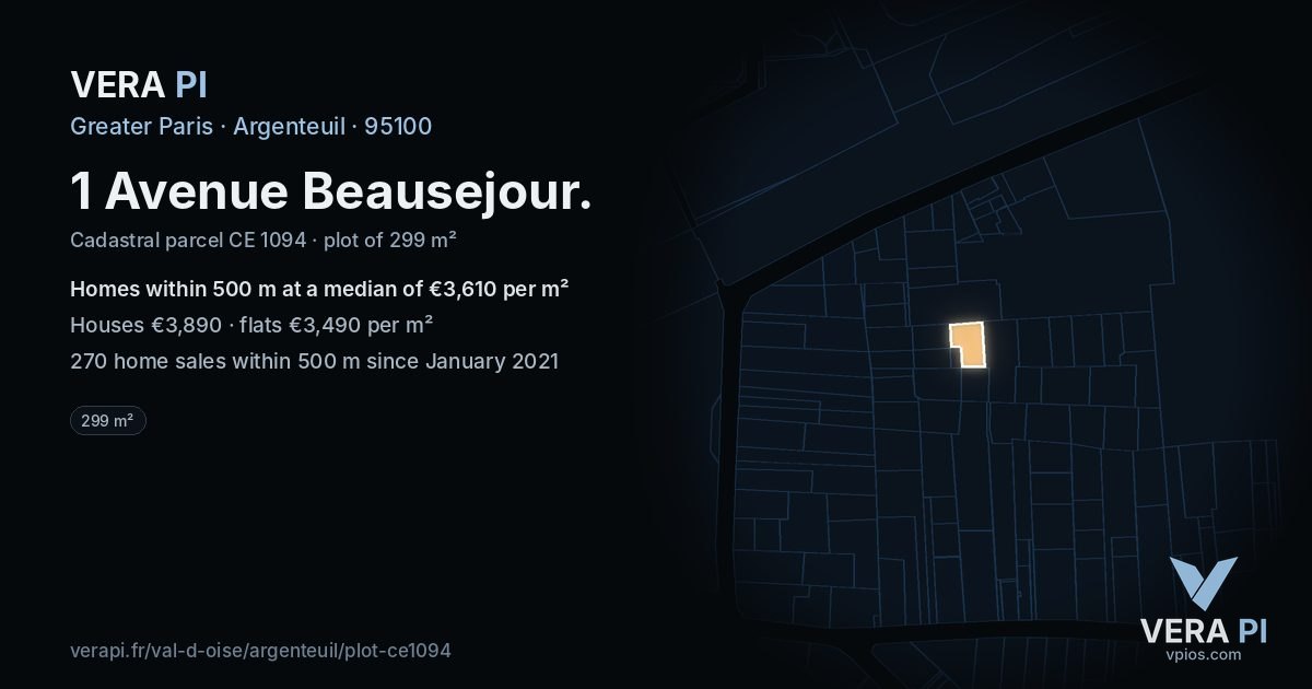 1 Avenue Beausejour, Argenteuil at night – the plot lit, the parcels around coloured by the prices near them