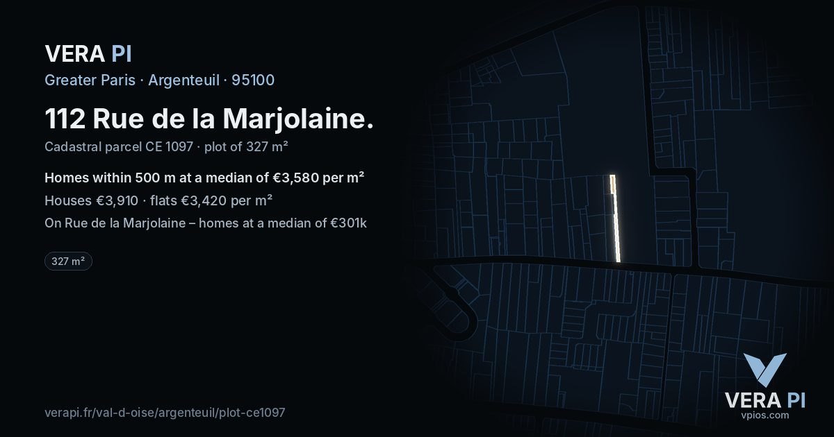 112 Rue de la Marjolaine, Argenteuil at night – the plot lit, the parcels around coloured by the prices near them