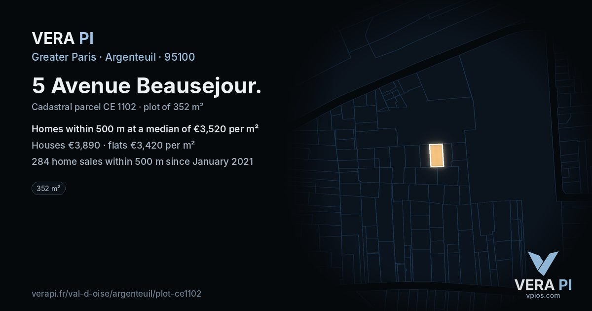 5 Avenue Beausejour, Argenteuil at night – the plot lit, the parcels around coloured by the prices near them