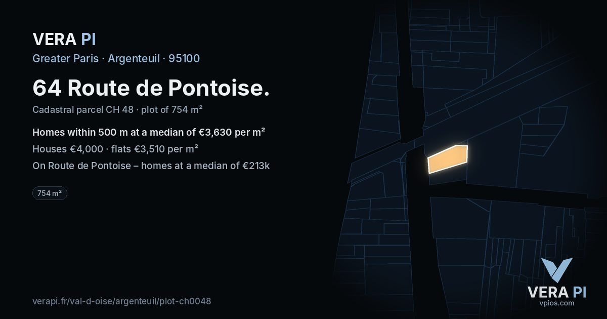 64 Route de Pontoise, Argenteuil at night – the plot lit, the parcels around coloured by the prices near them