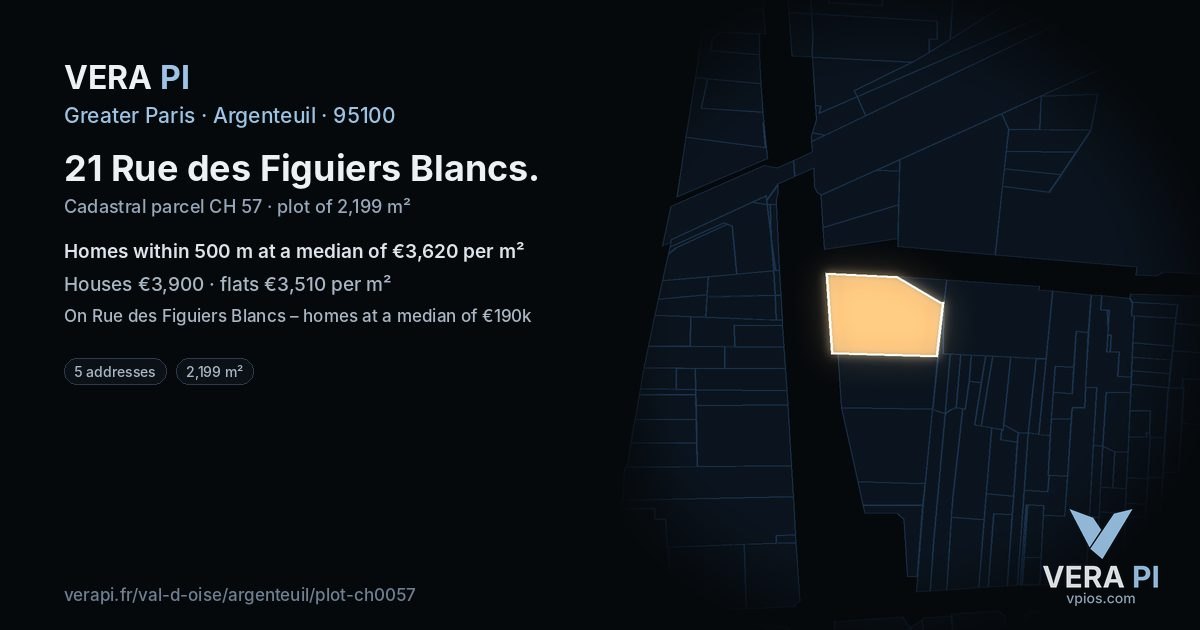 21 Rue des Figuiers Blancs, Argenteuil at night – the plot lit, the parcels around coloured by the prices near them