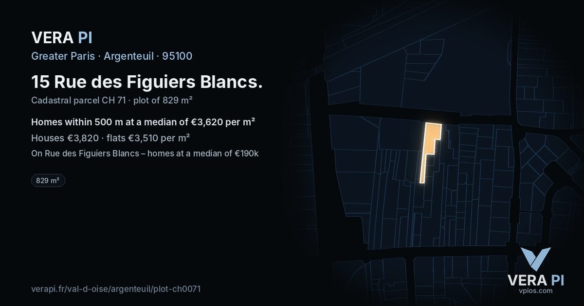 15 Rue des Figuiers Blancs, Argenteuil at night – the plot lit, the parcels around coloured by the prices near them