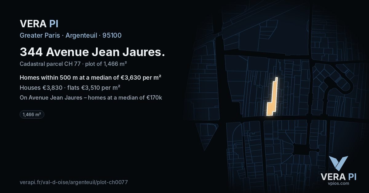344 Avenue Jean Jaures, Argenteuil at night – the plot lit, the parcels around coloured by the prices near them