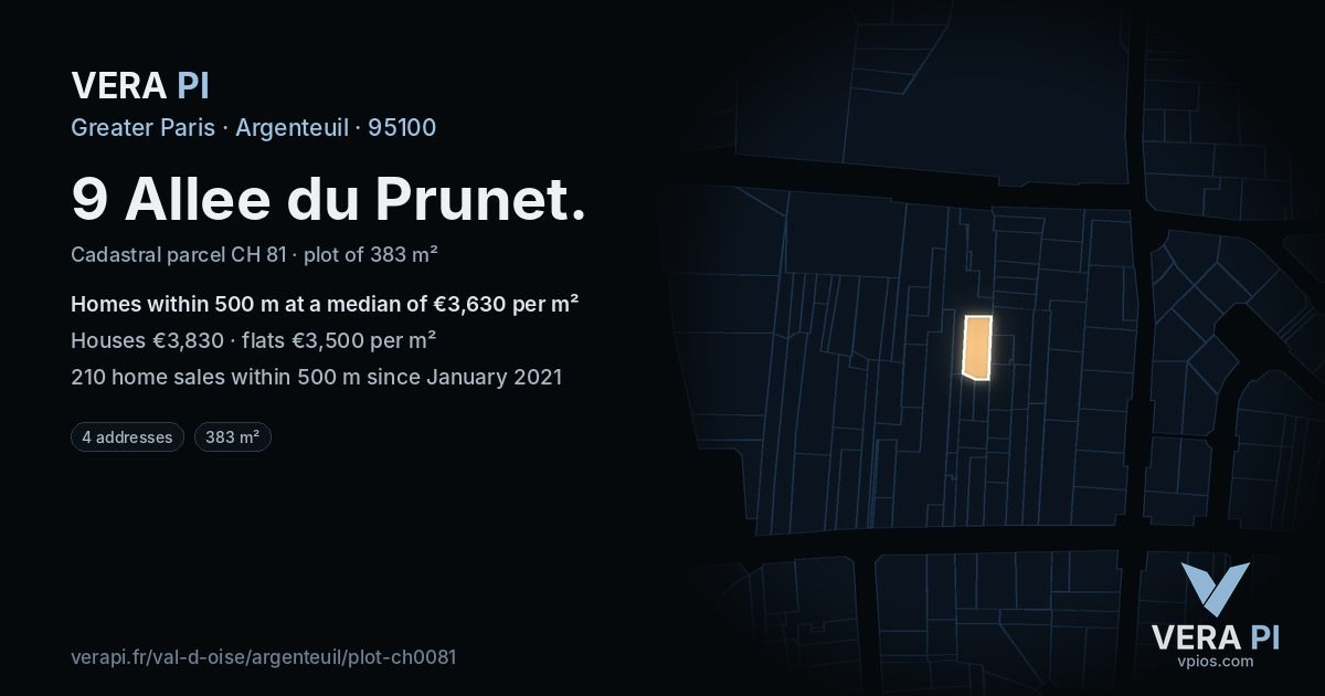 9 Allee du Prunet, Argenteuil at night – the plot lit, the parcels around coloured by the prices near them