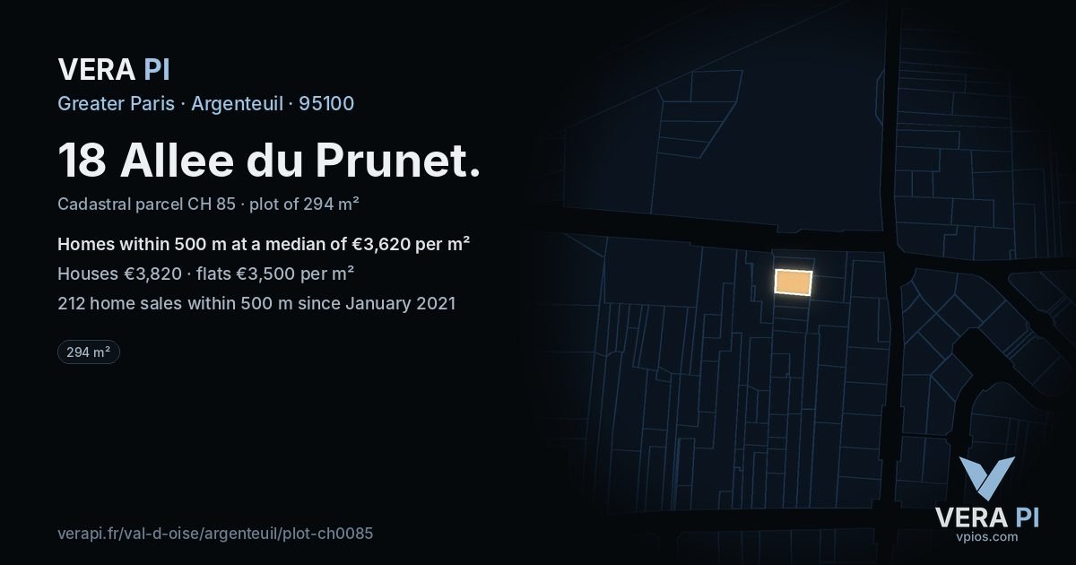 18 Allee du Prunet, Argenteuil at night – the plot lit, the parcels around coloured by the prices near them