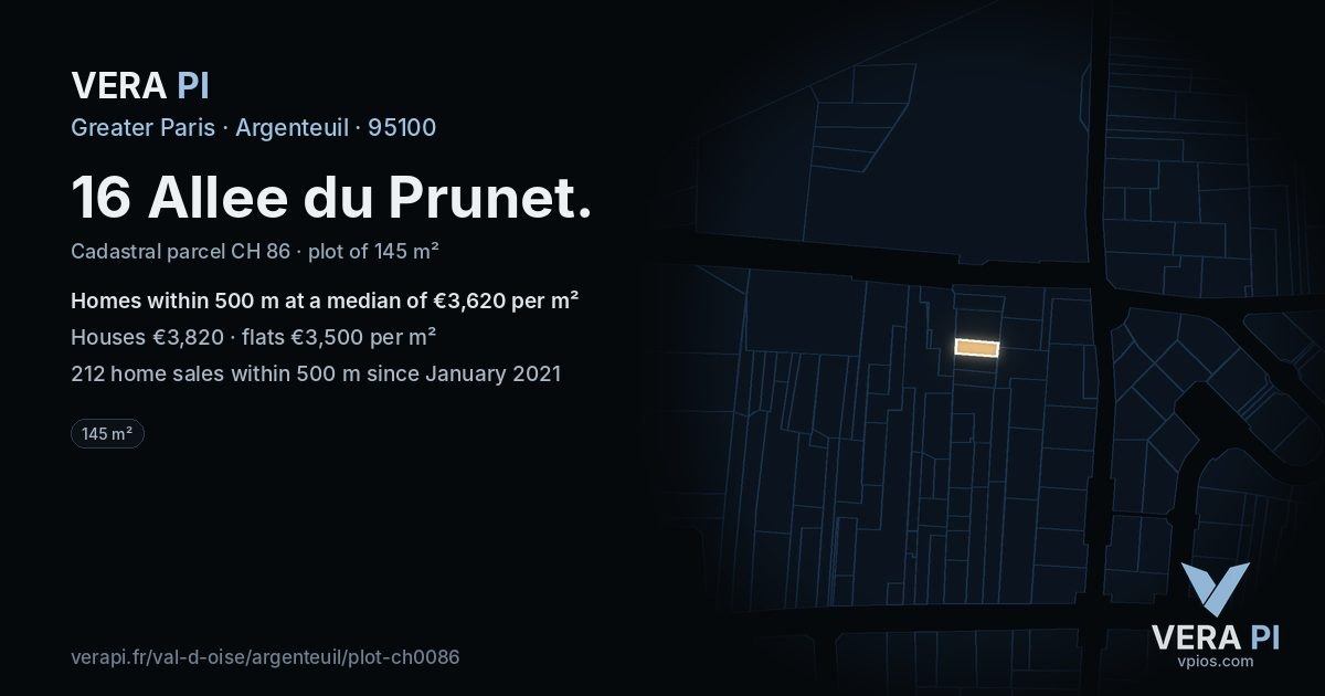 16 Allee du Prunet, Argenteuil at night – the plot lit, the parcels around coloured by the prices near them