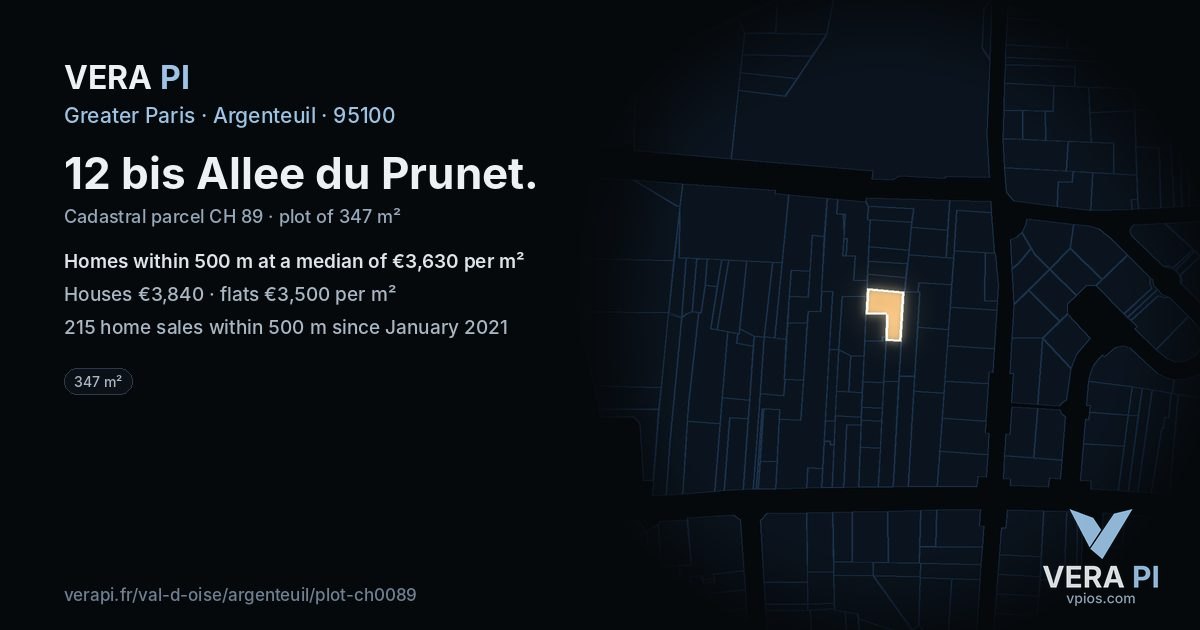 12 bis Allee du Prunet, Argenteuil at night – the plot lit, the parcels around coloured by the prices near them