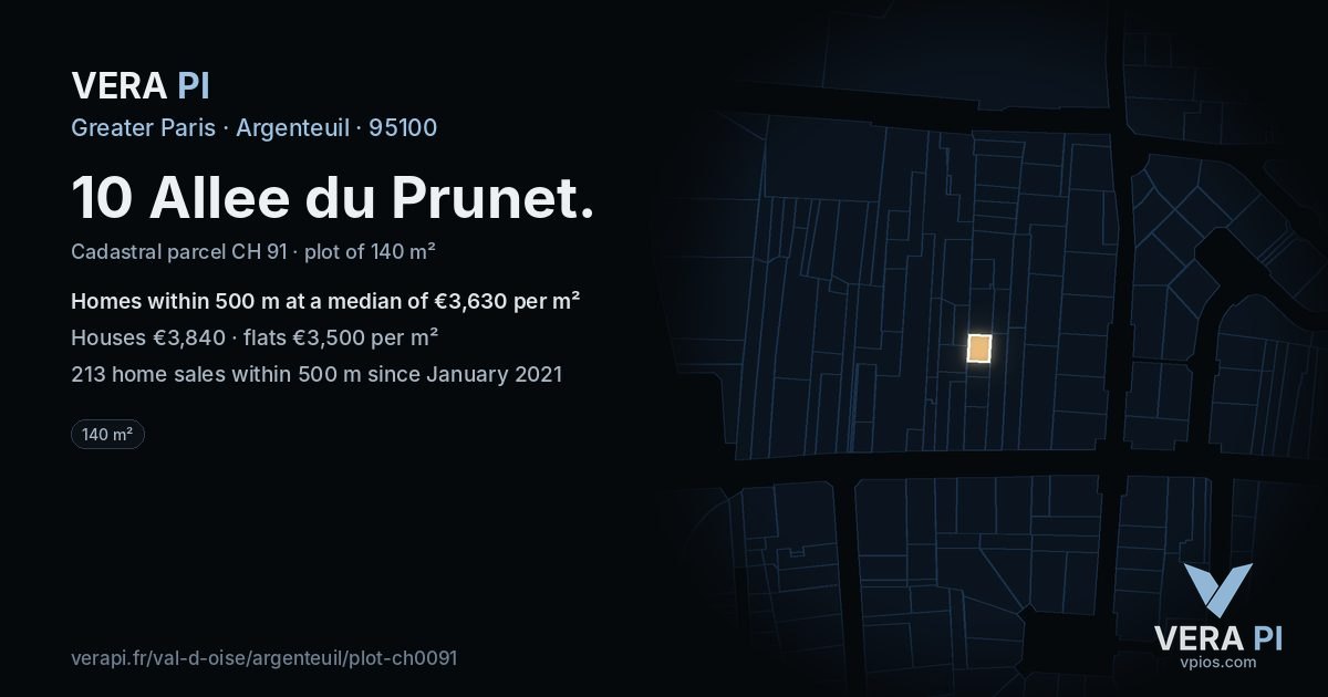 10 Allee du Prunet, Argenteuil at night – the plot lit, the parcels around coloured by the prices near them