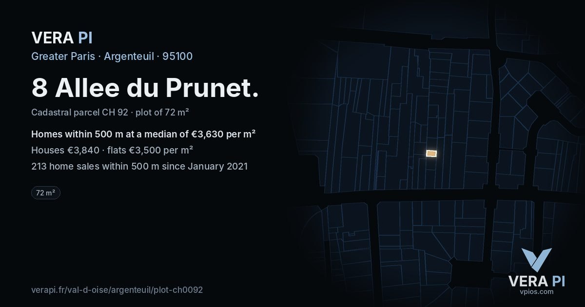 8 Allee du Prunet, Argenteuil at night – the plot lit, the parcels around coloured by the prices near them