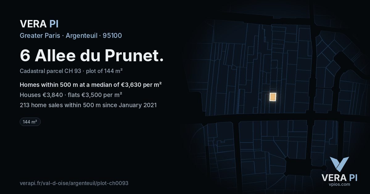 6 Allee du Prunet, Argenteuil at night – the plot lit, the parcels around coloured by the prices near them
