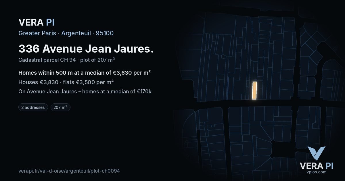 336 Avenue Jean Jaures, Argenteuil at night – the plot lit, the parcels around coloured by the prices near them