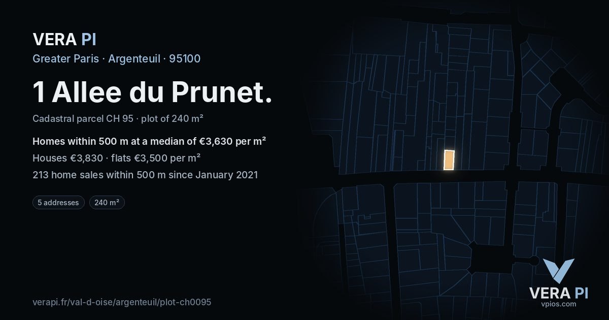 1 Allee du Prunet, Argenteuil at night – the plot lit, the parcels around coloured by the prices near them