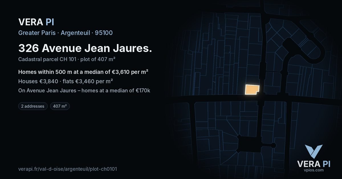 326 Avenue Jean Jaures, Argenteuil at night – the plot lit, the parcels around coloured by the prices near them