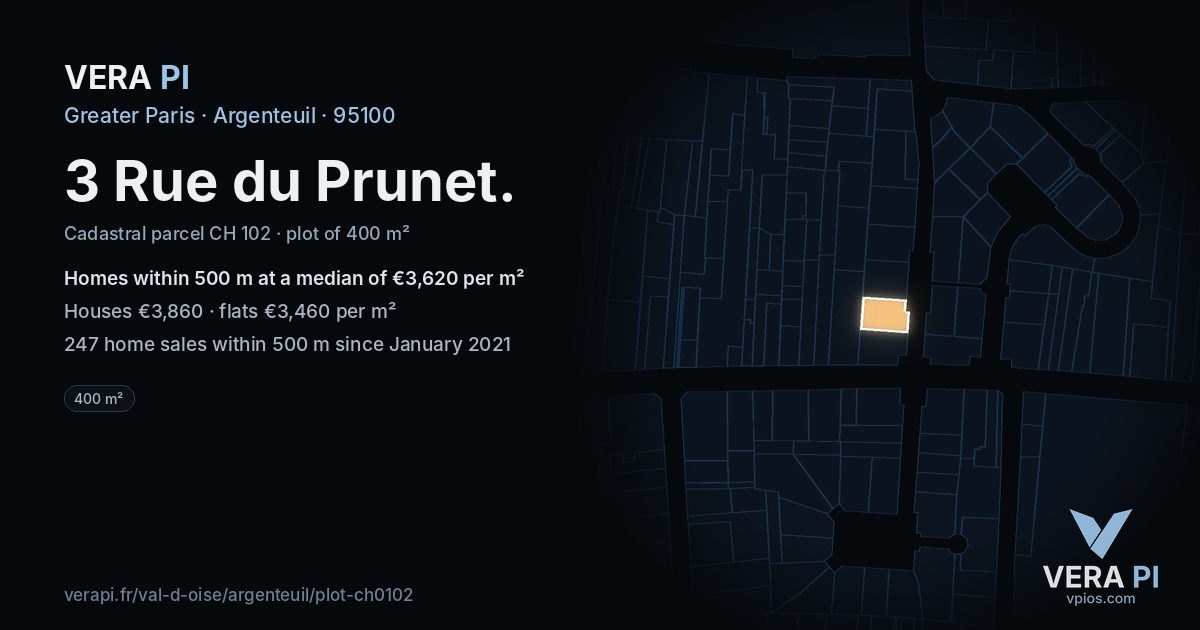 3 Rue du Prunet, Argenteuil at night – the plot lit, the parcels around coloured by the prices near them