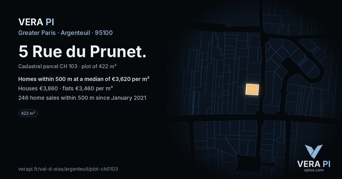 5 Rue du Prunet, Argenteuil at night – the plot lit, the parcels around coloured by the prices near them