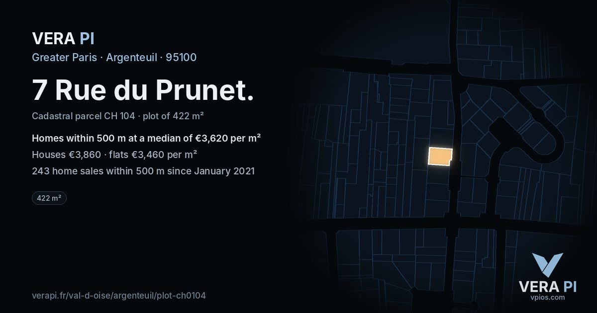 7 Rue du Prunet, Argenteuil at night – the plot lit, the parcels around coloured by the prices near them
