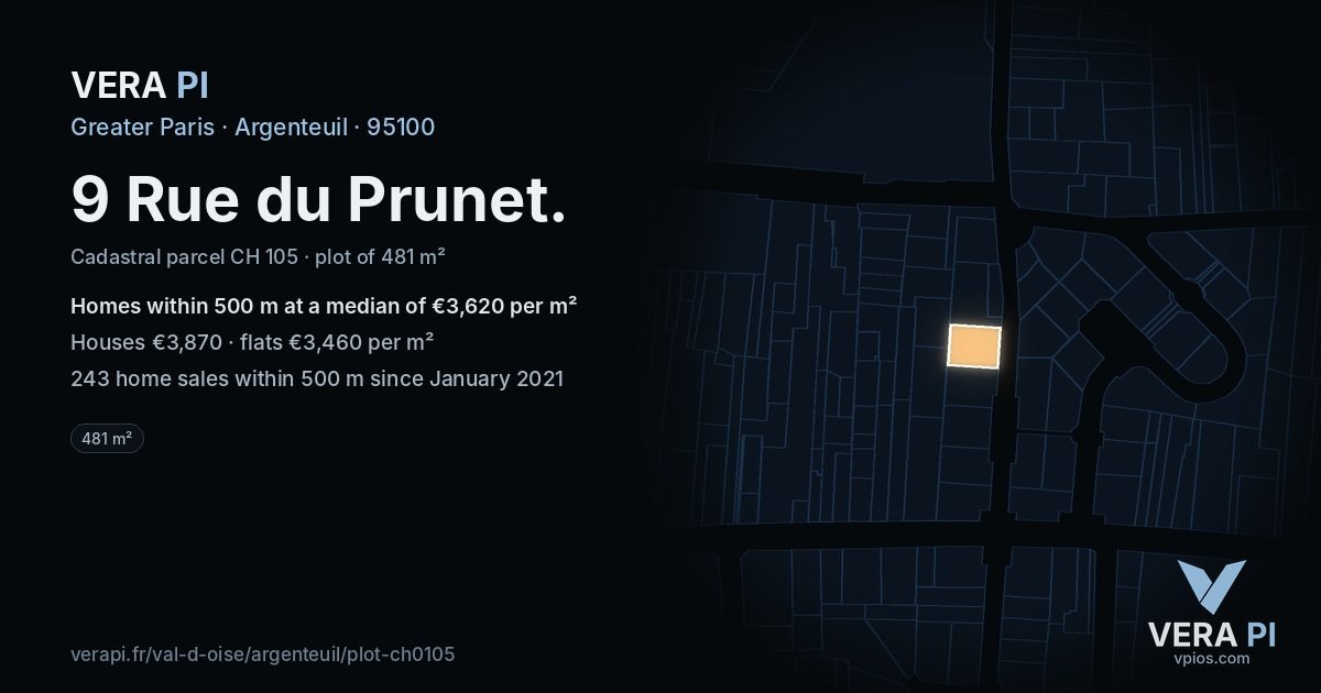 9 Rue du Prunet, Argenteuil at night – the plot lit, the parcels around coloured by the prices near them