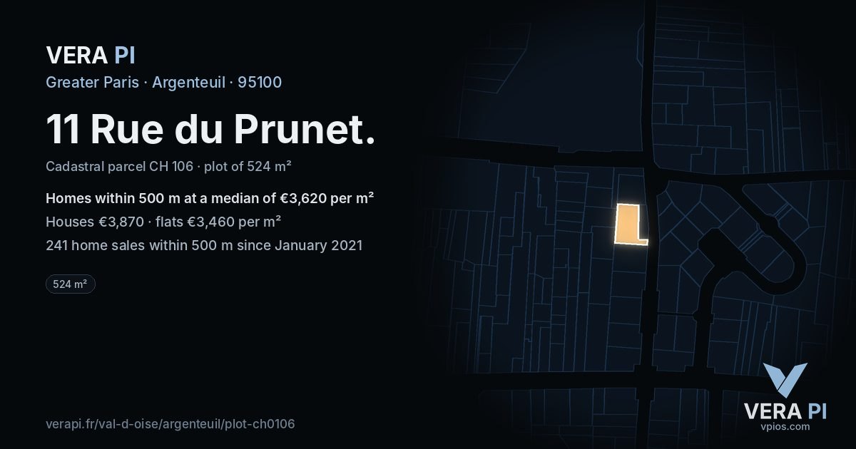 11 Rue du Prunet, Argenteuil at night – the plot lit, the parcels around coloured by the prices near them